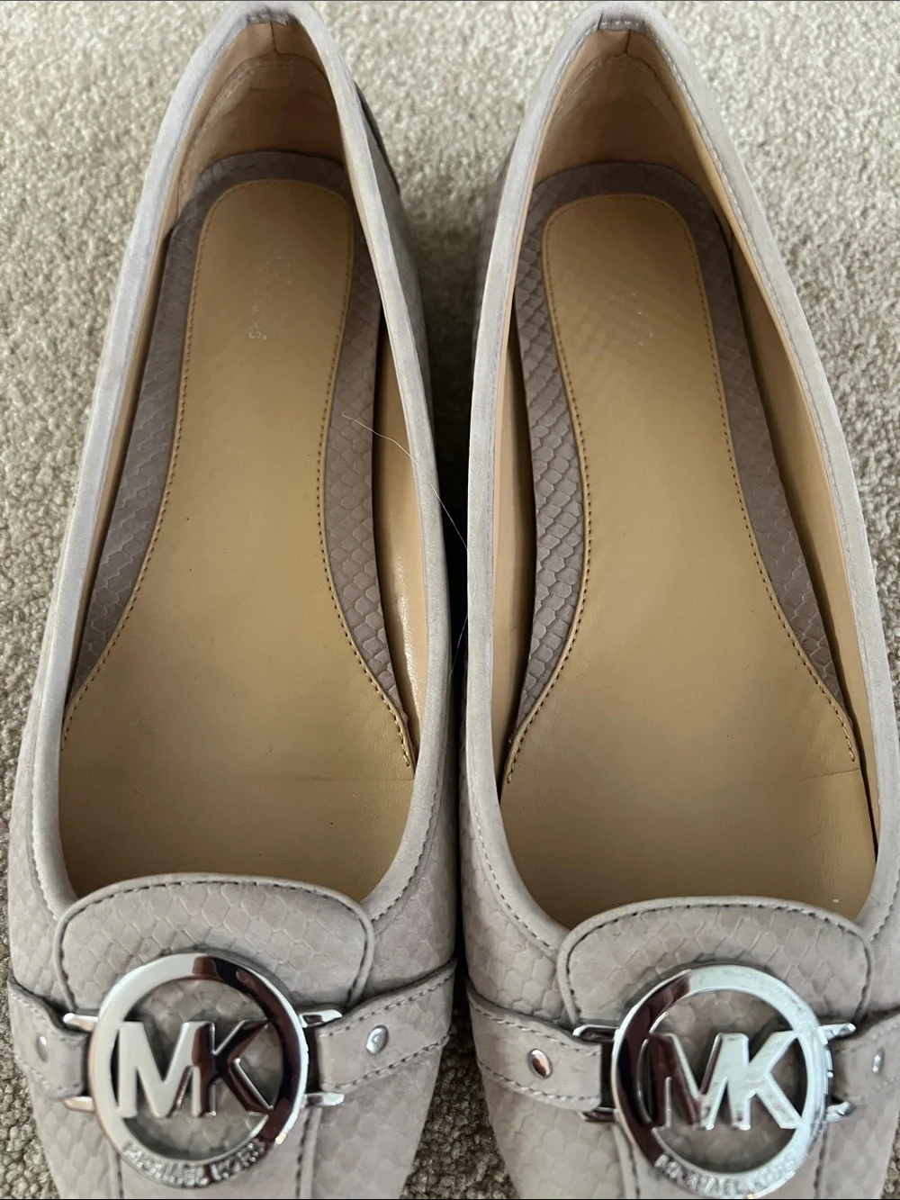 Michael Kors Light Taupe Snake-Embossed MK Logo Flats